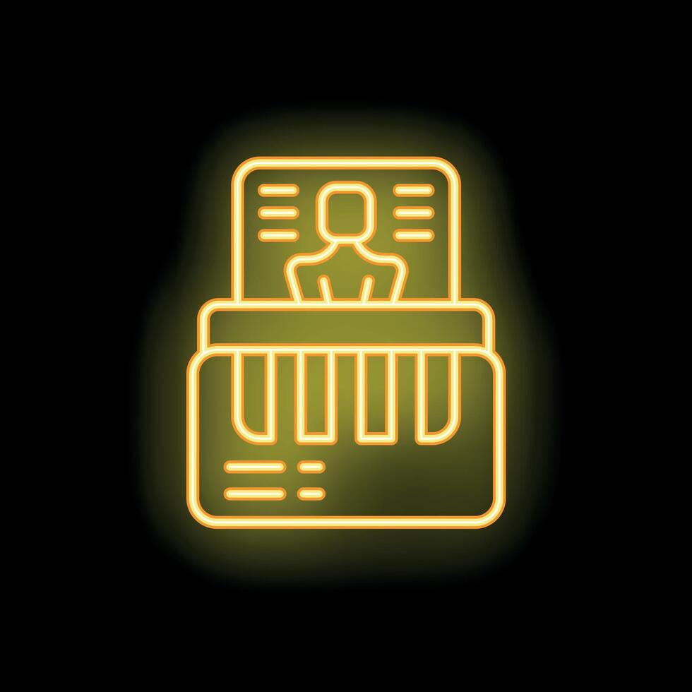 Neon yellow credit card with photo id icon glowing on black background vector