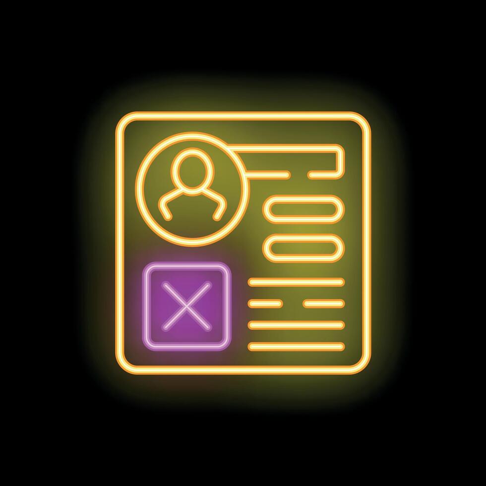 Neon icon of a document with a cross marking showing disapproval vector