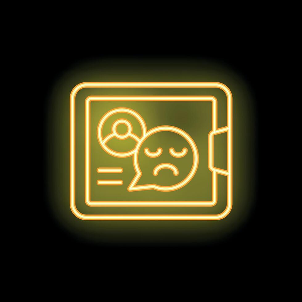 Neon icon of a tablet showing a sad emoji in a chat bubble vector
