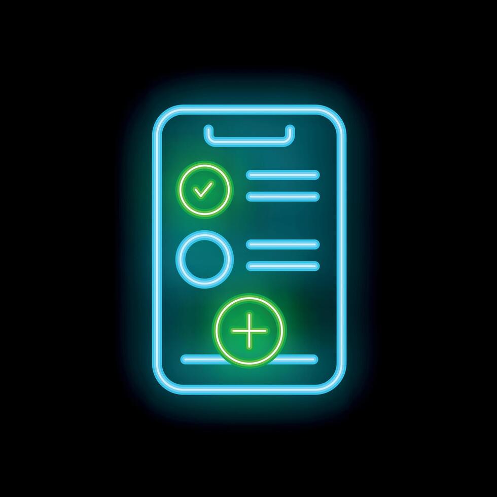 Mobile phone showing checklist with add button in neon style vector
