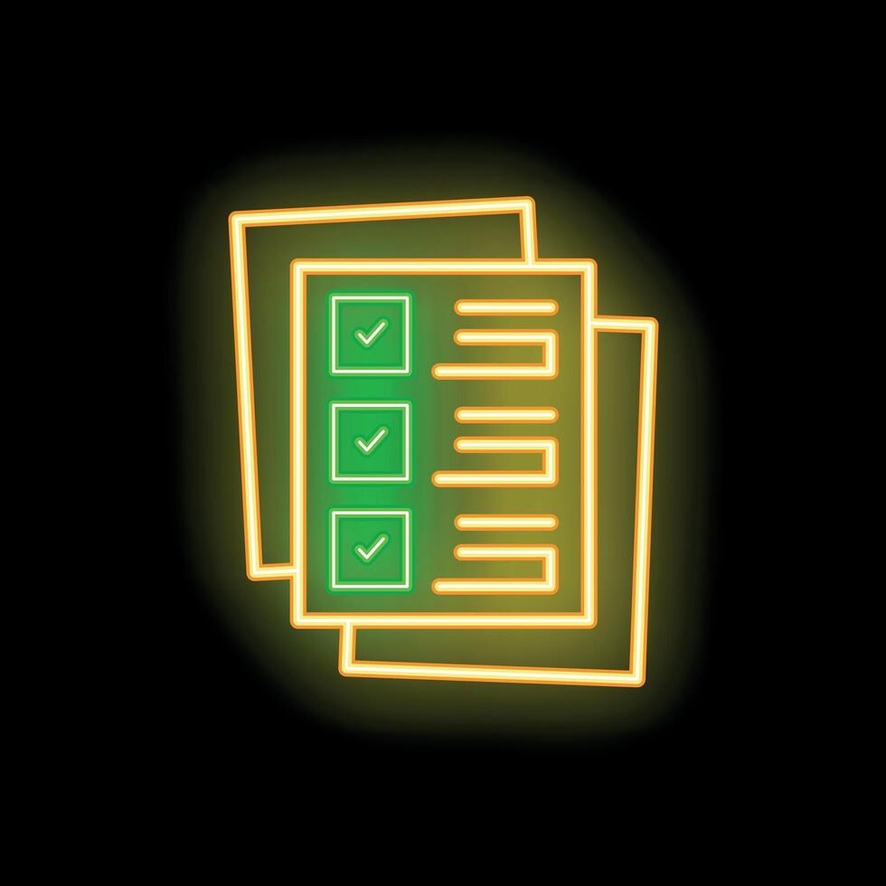 Neon icon of documents with check marks representing successfully completed tasks vector