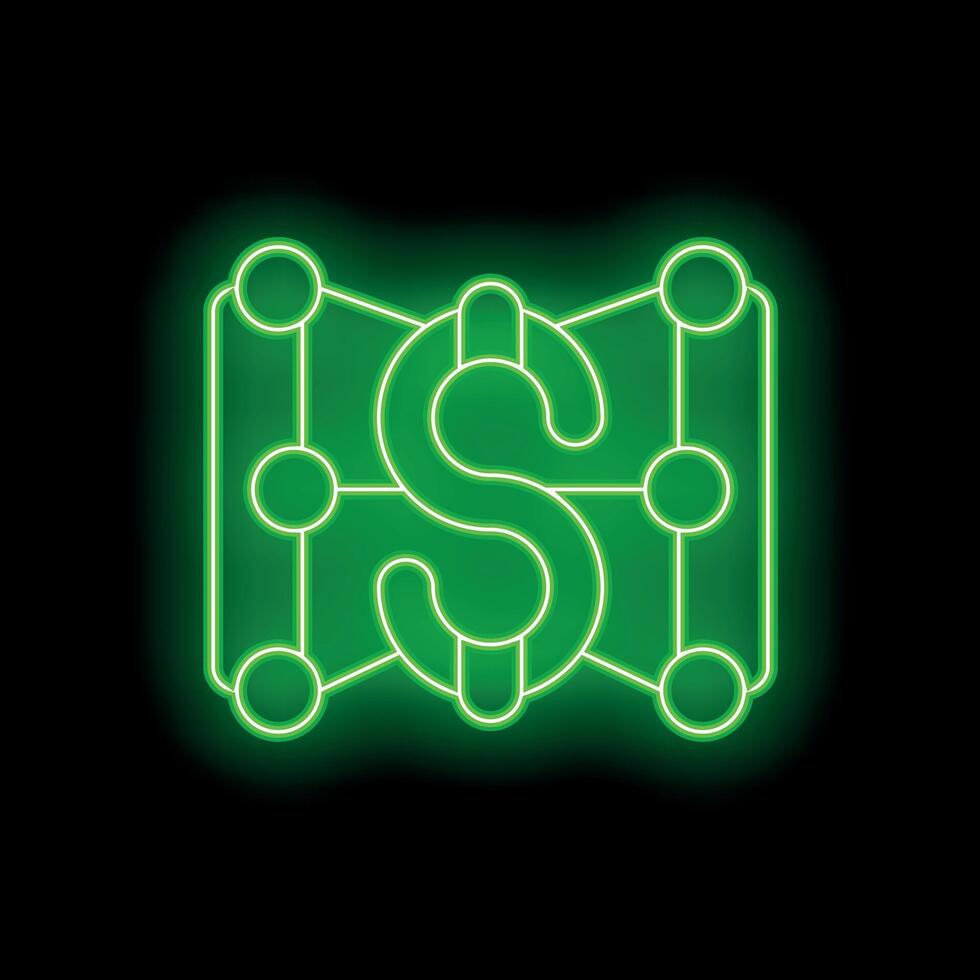 Green neon dollar sign connected with lines and circles glowing on black background vector