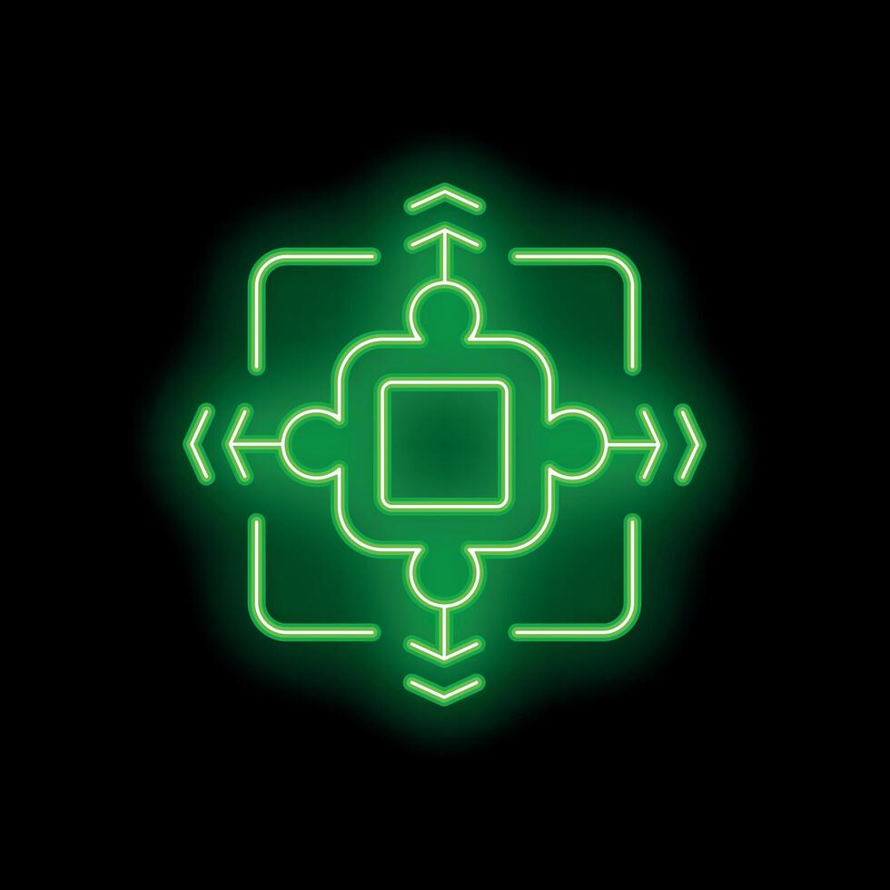 Green neon puzzle showing integration with arrows pointing in and out vector