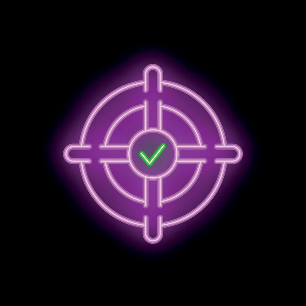 Neon target showing check mark symbol for achieving goal vector