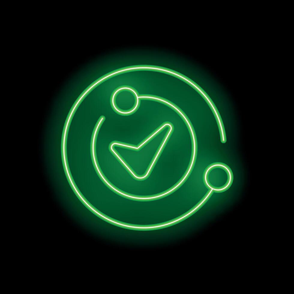 Neon green check mark valid icon glowing on black background vector