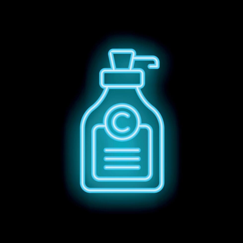 Neon copyright symbol on bottle with pump dispenser glowing on black background vector