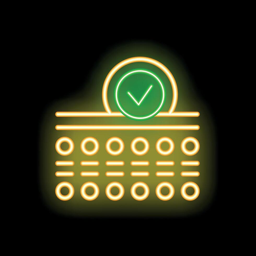 Neon green check mark hovering over abstract data chip representing successful verification process vector