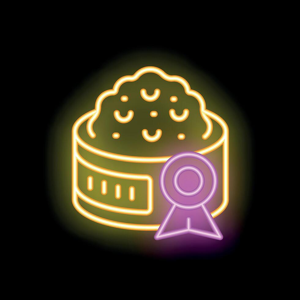 Neon sign of premium quality cat food with badge on black background vector