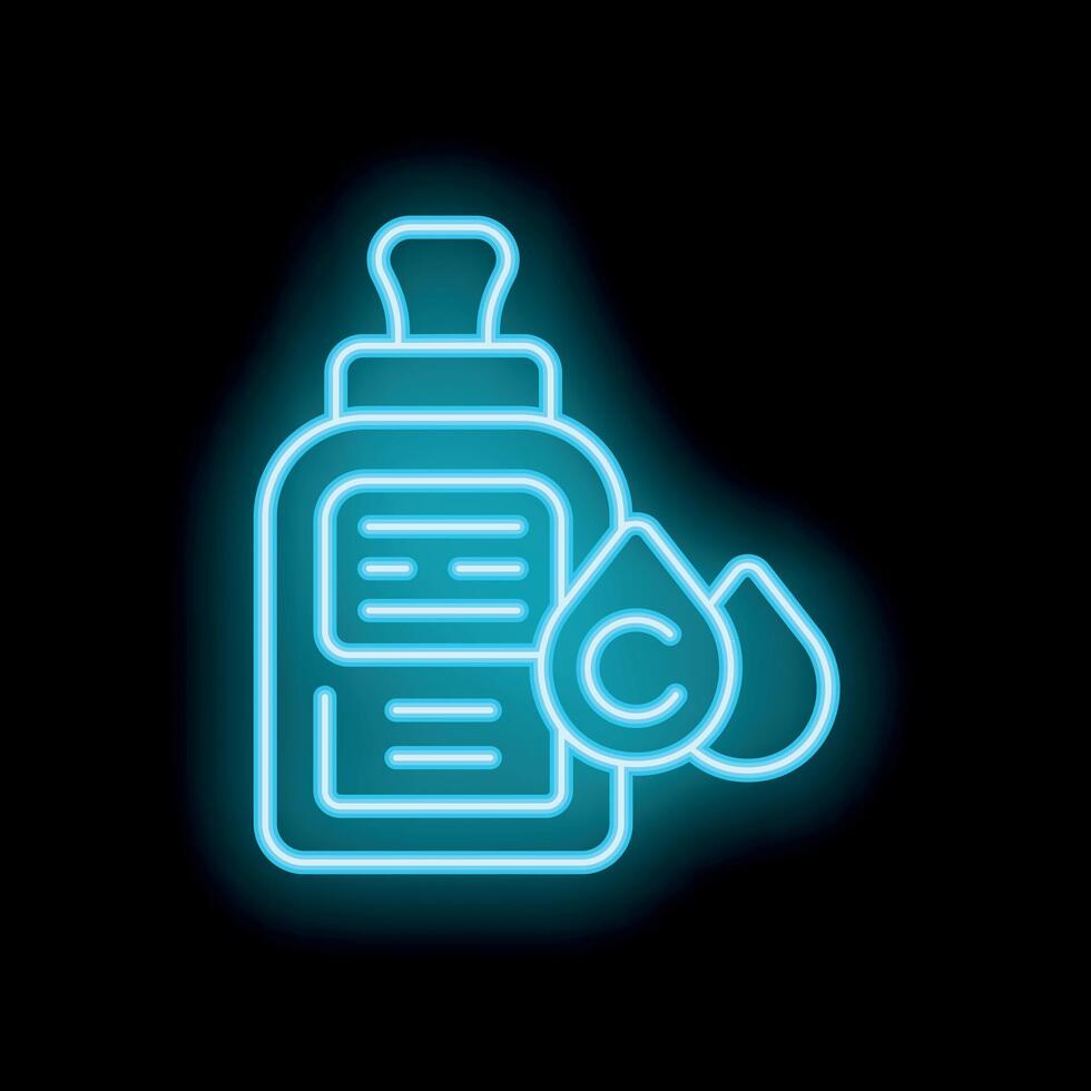 Neon vitamin c serum bottle glowing on black background vector