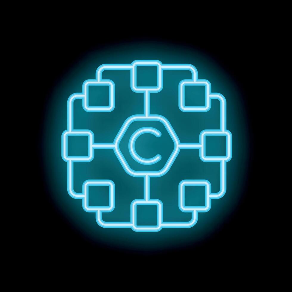 Neon copyright symbol connected to network of computers vector