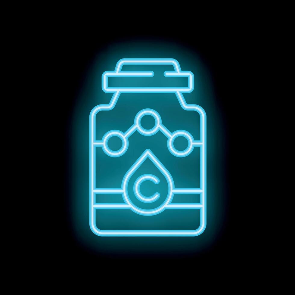 Blue neon sign showing vitamin c bottle with chemical formula on black background vector