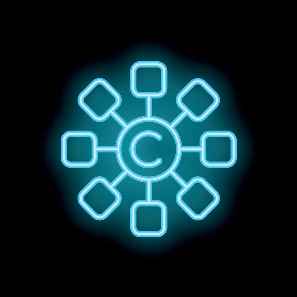 Neon copyright symbol connecting data on black background vector
