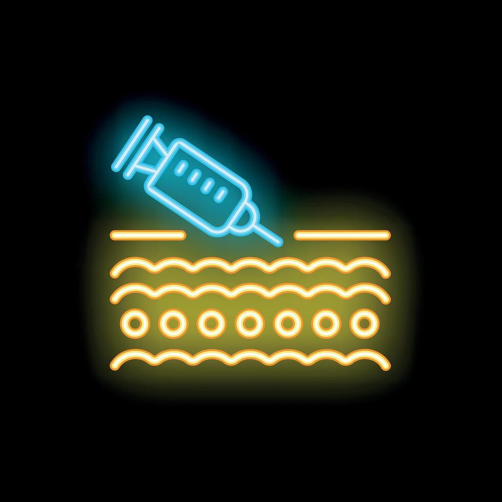 Neon syringe injecting substance under skin layers icon vector