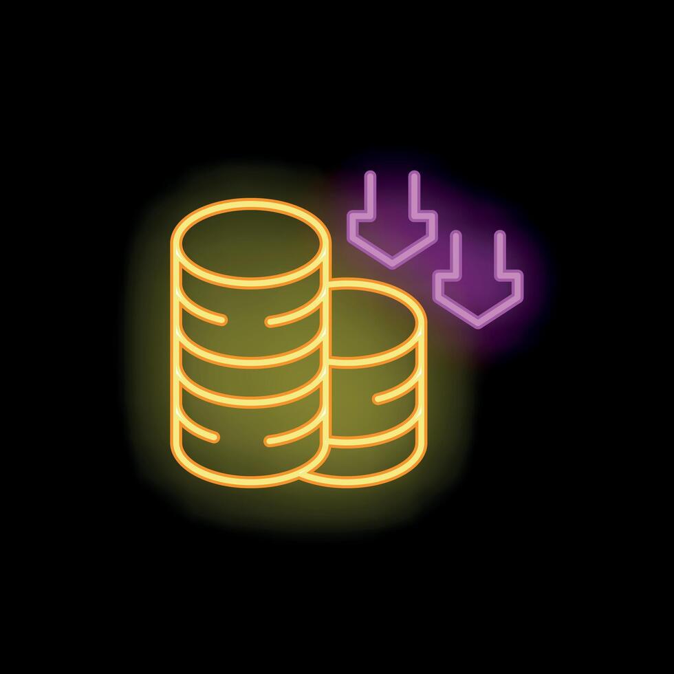 Neon icon of money decreasing showing financial loss vector