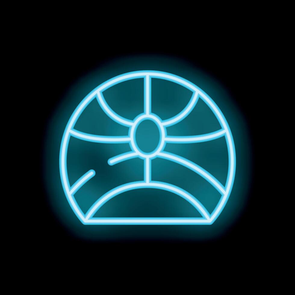Blue neon sign showing a globe on black background vector