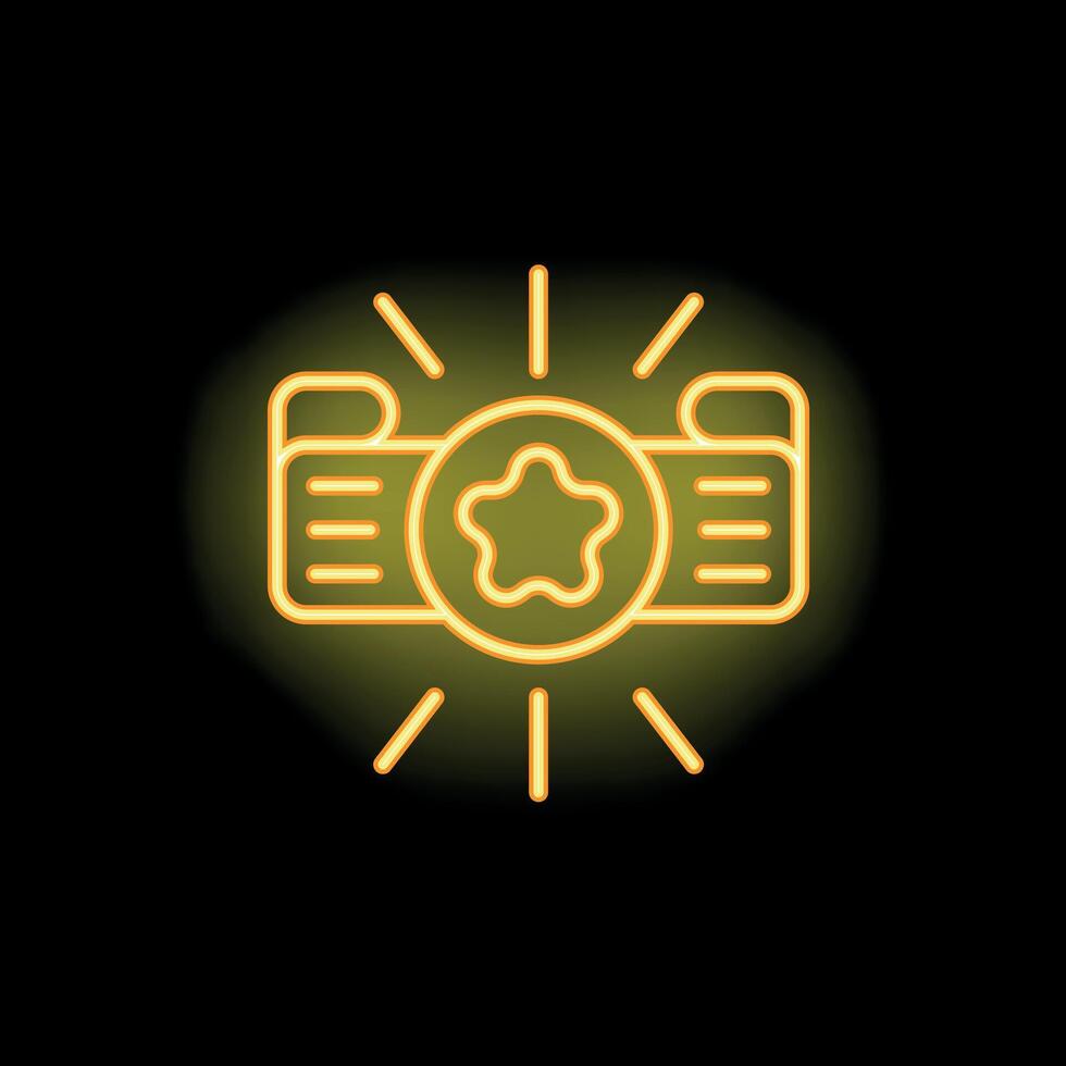 Neon sign camera flashing with star shape reflecting lens on black background vector