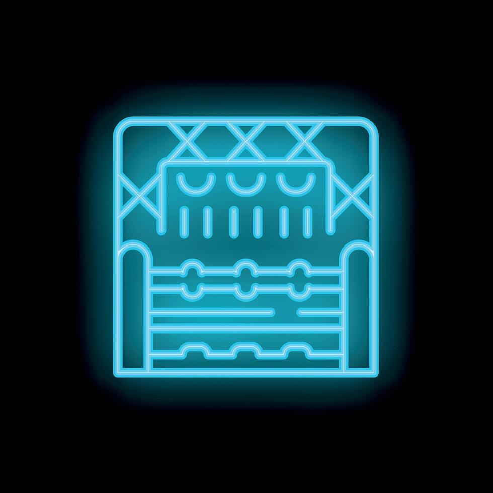 Neon sign representing canopy bed with curtains in blue color on black background vector
