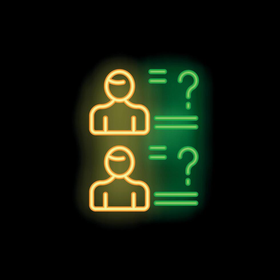 Neon icon of two candidates with question marks representing frequently asked questions vector