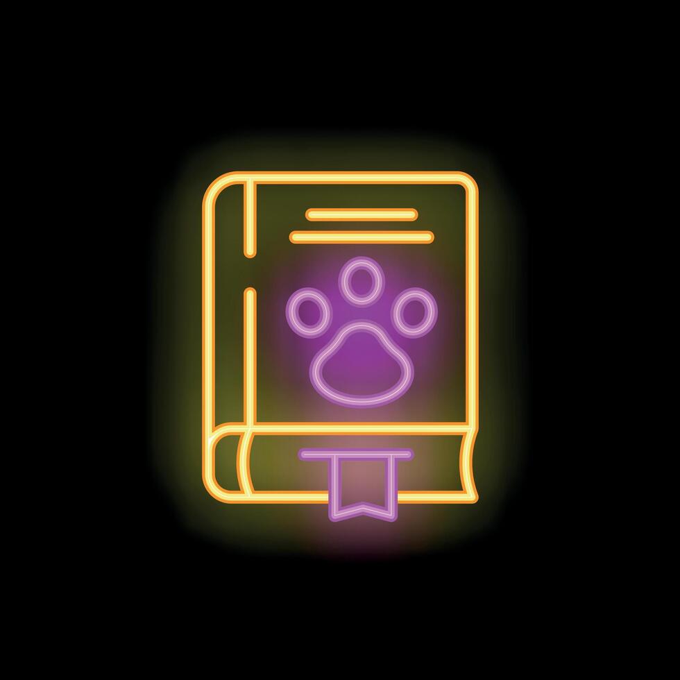 Neon icon of book with paw print for pet shop or veterinary clinic vector