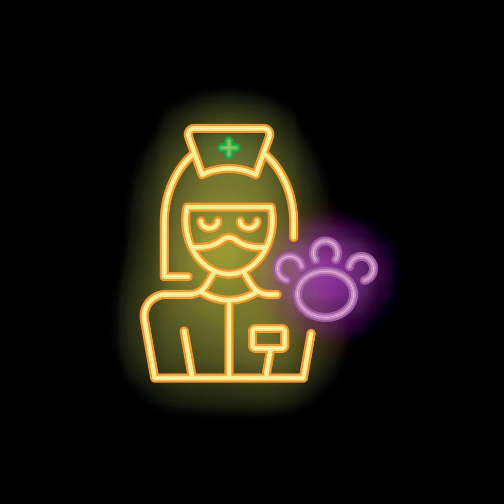 Neon icon of female veterinarian wearing protective mask with paw print vector