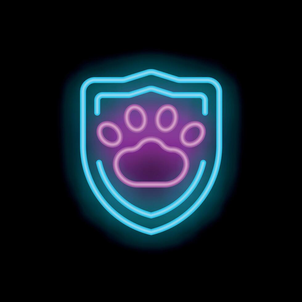 Neon sign of a paw print inside a shield on a black background vector