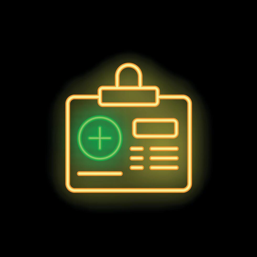 Neon medical report icon glowing on dark background vector