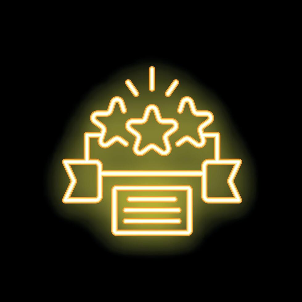 Neon icon of diploma receiving three stars for best quality result vector
