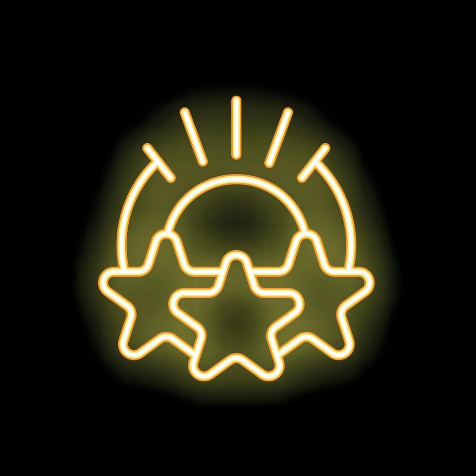 Neon icon of sun shining over three stars for feedback, review, or customer satisfaction vector