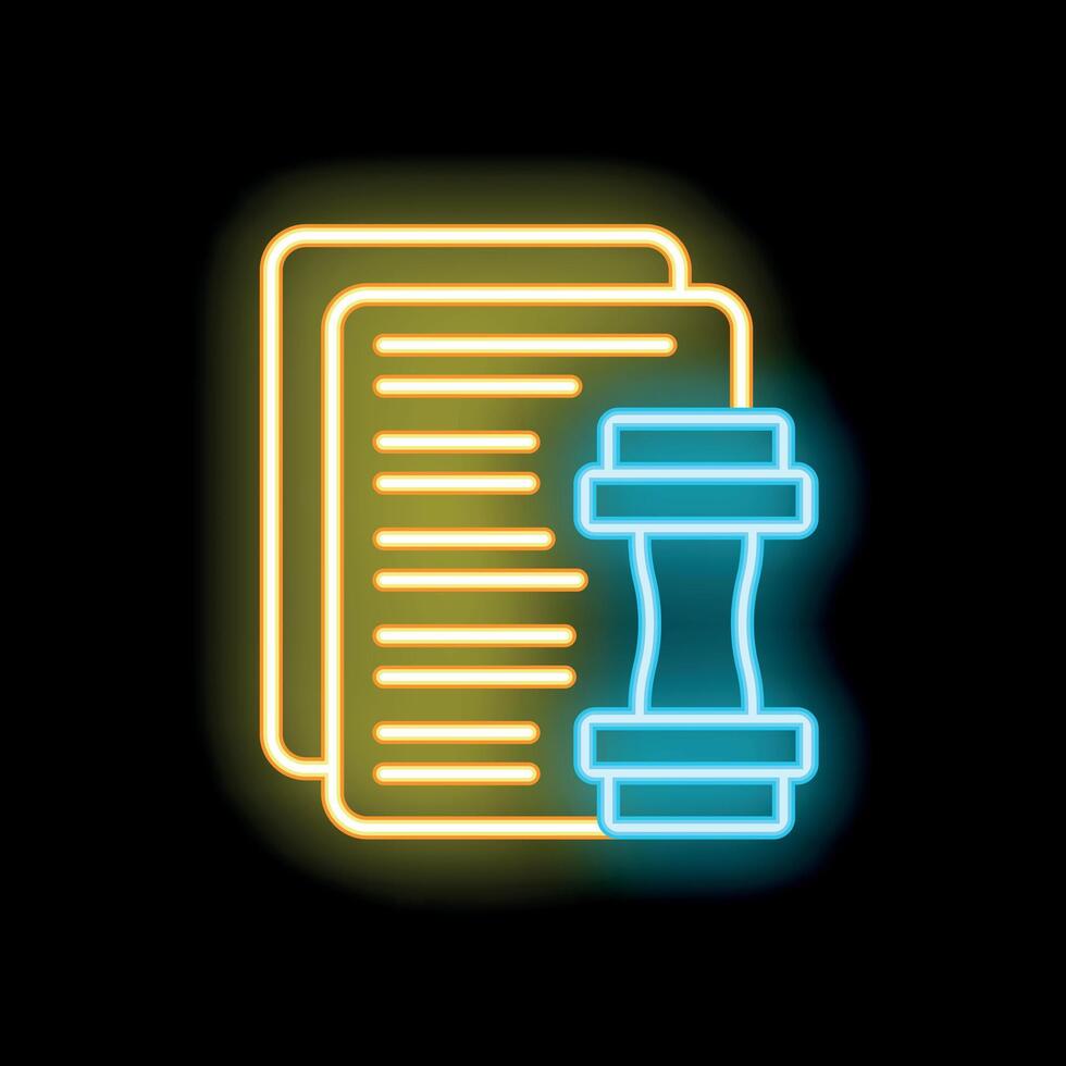 Glowing neon line rubber stamp on paper icon isolated on black background, a notary stamp sign vector