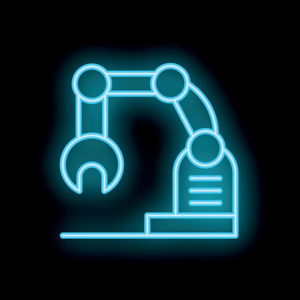 Neon mechanical arm holding wrench icon on black background vector
