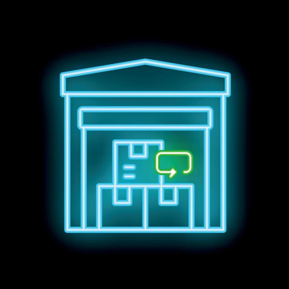 Neon warehouse icon showing returning packages to inventory vector