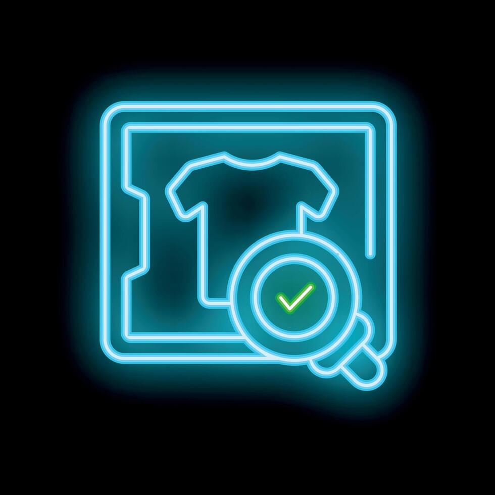 Neon icon of magnifying glass hovering over clothing item with check mark symbol displayed vector