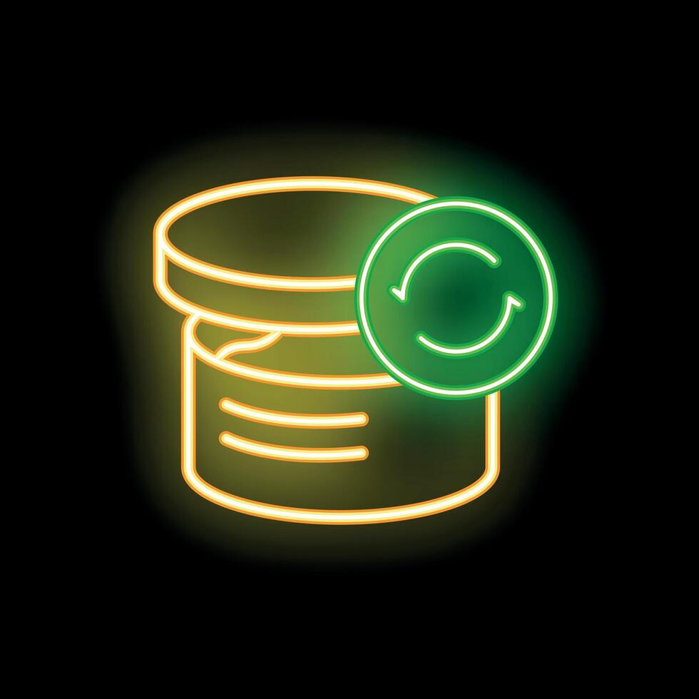 Neon green database backup icon glowing on black background vector