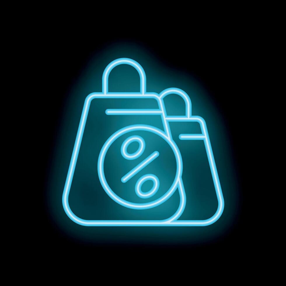 Neon shopping bags with percentage symbol showing discounts and sales vector