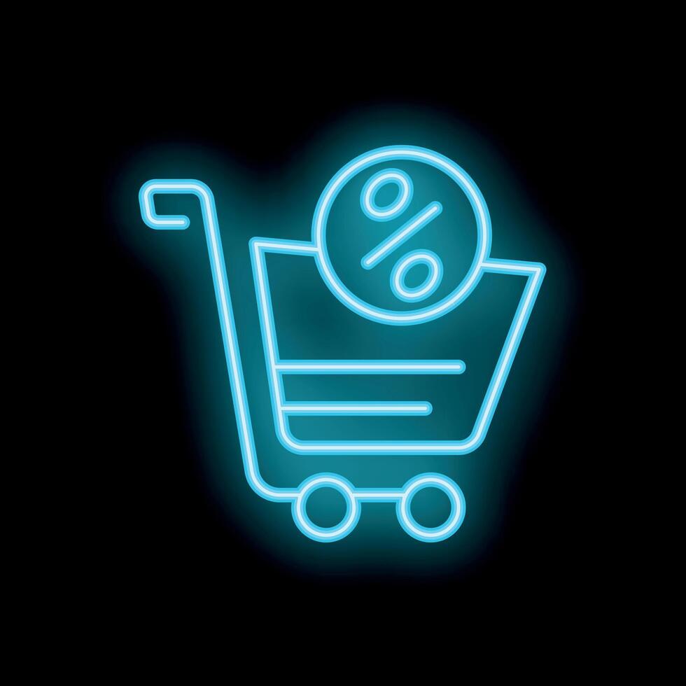 Neon shopping cart icon showing percentage symbol for sales and discounts vector