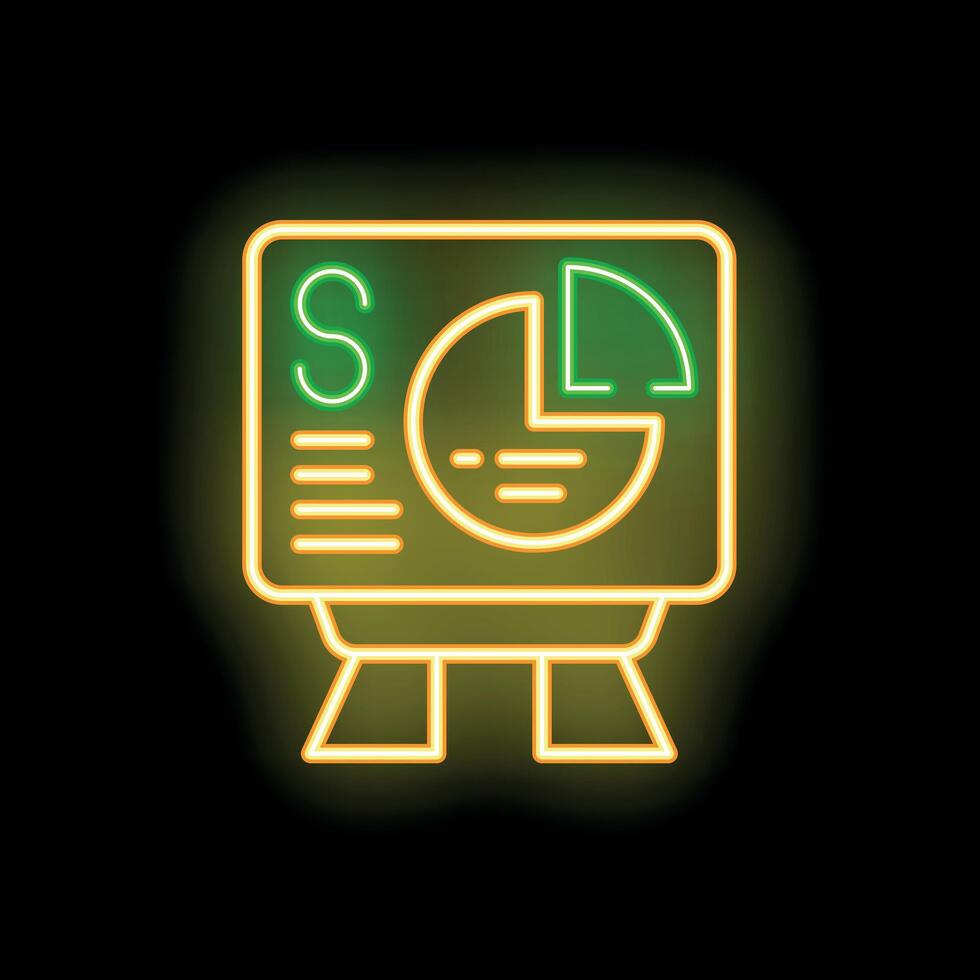 Neon icon of a presentation displaying financial data and market analysis vector