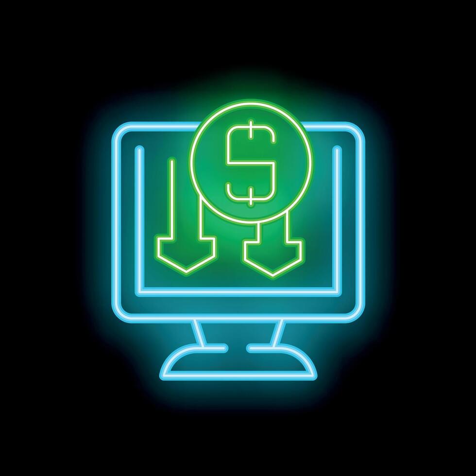 Neon icon of computer screen showing money loss with down arrows vector