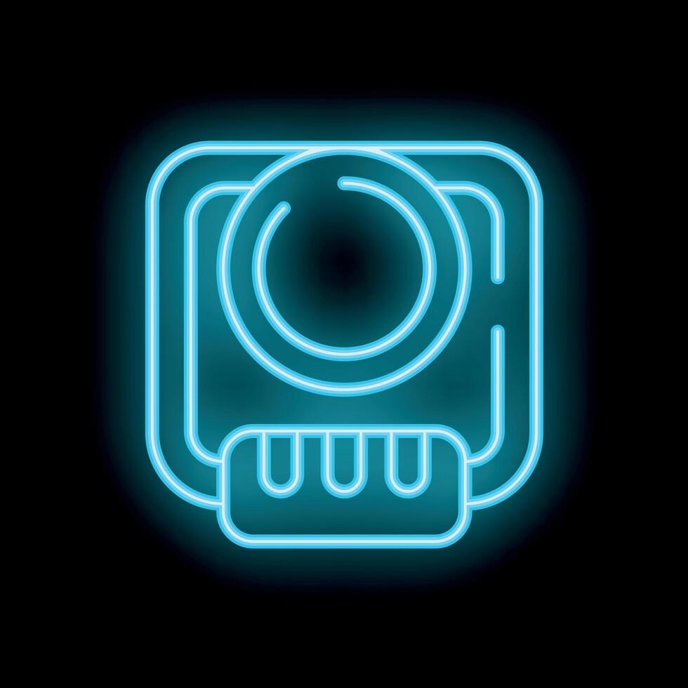 Blue neon sign showing an action camera icon on black background vector