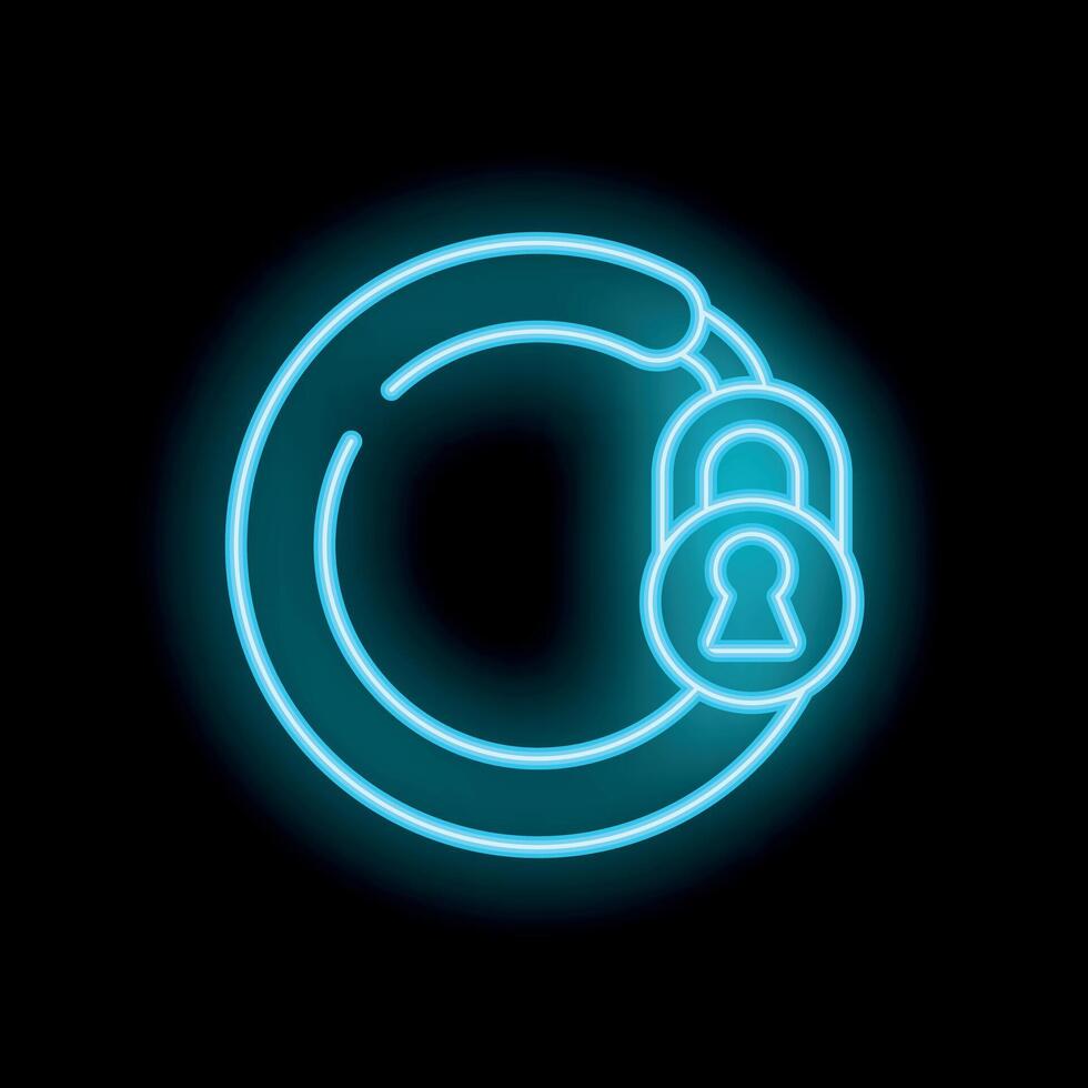 Neon blue cycle locked with padlock on black background vector