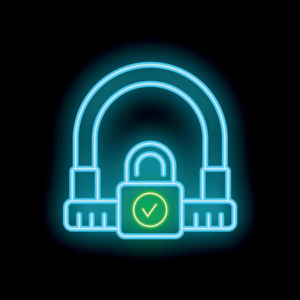 Glowing neon bicycle lock icon with a check mark is isolated on black background vector