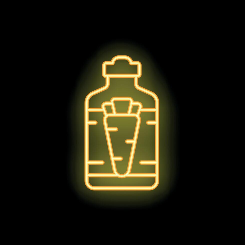 Neon sign of a bottle with a carrot inside glowing on a black background vector