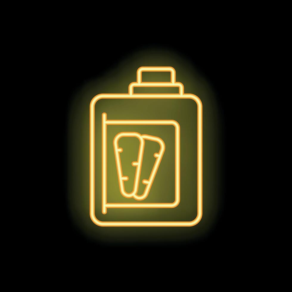 Neon yellow glowing carrot juice bottle icon on black background vector