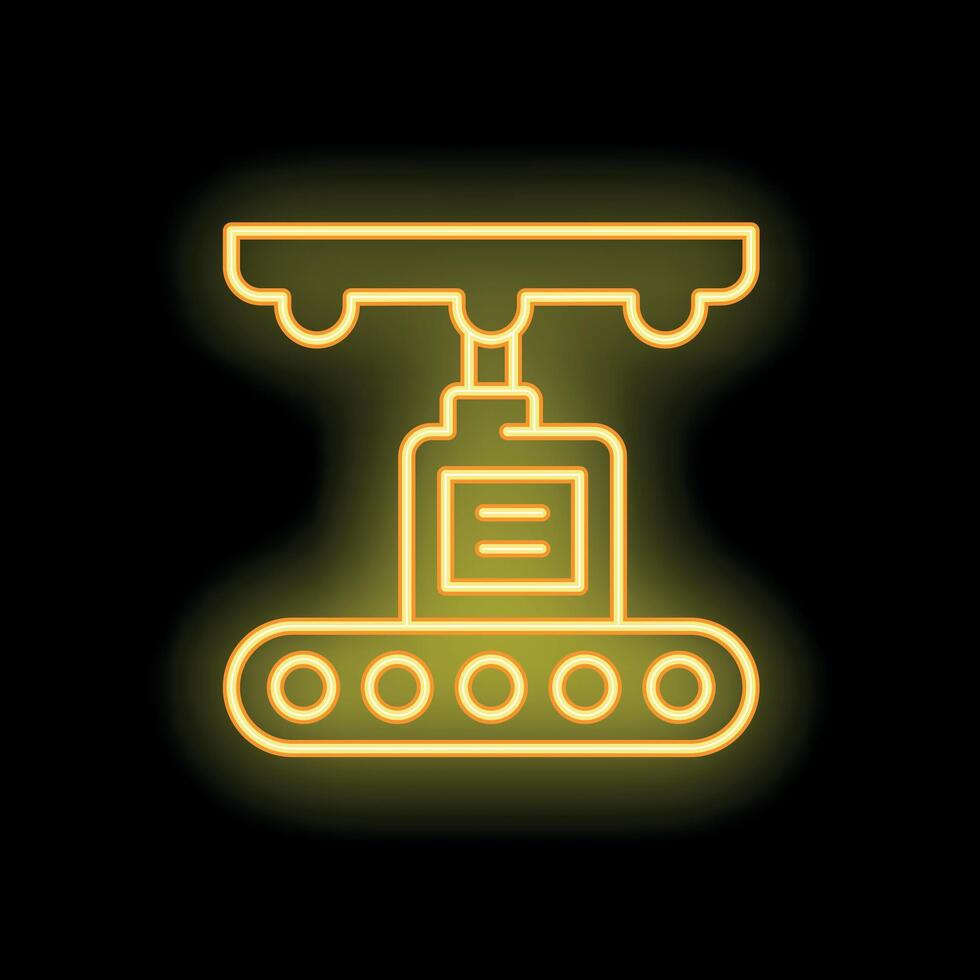 Neon sign of mechanical robot arm moving product on conveyor belt vector