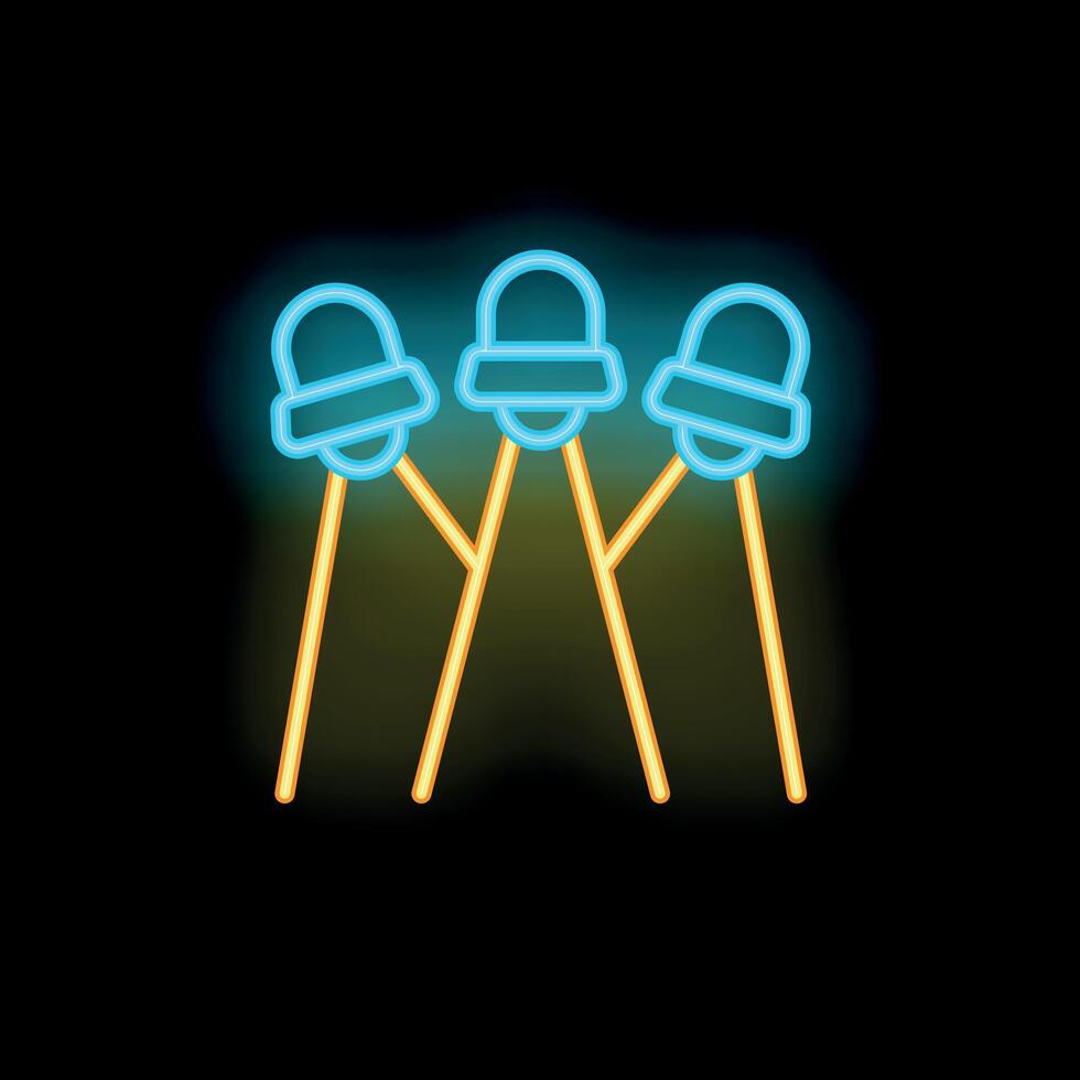Neon sign showing three bells glowing on black background vector