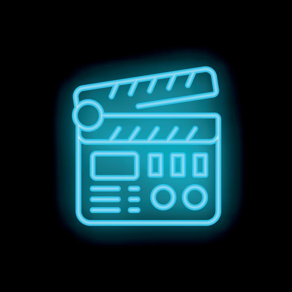 Glowing neon clapperboard icon for movie production and entertainment vector