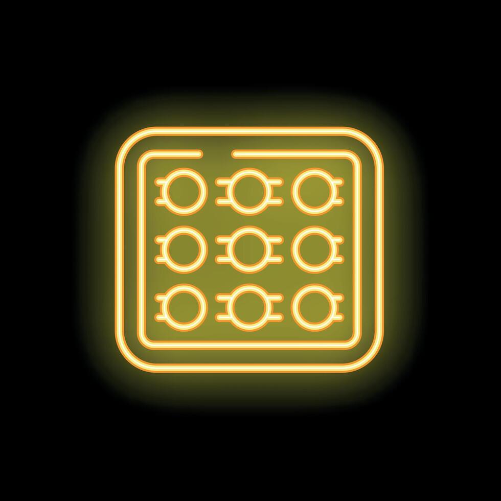 Neon yellow waffle iron glowing on black background vector