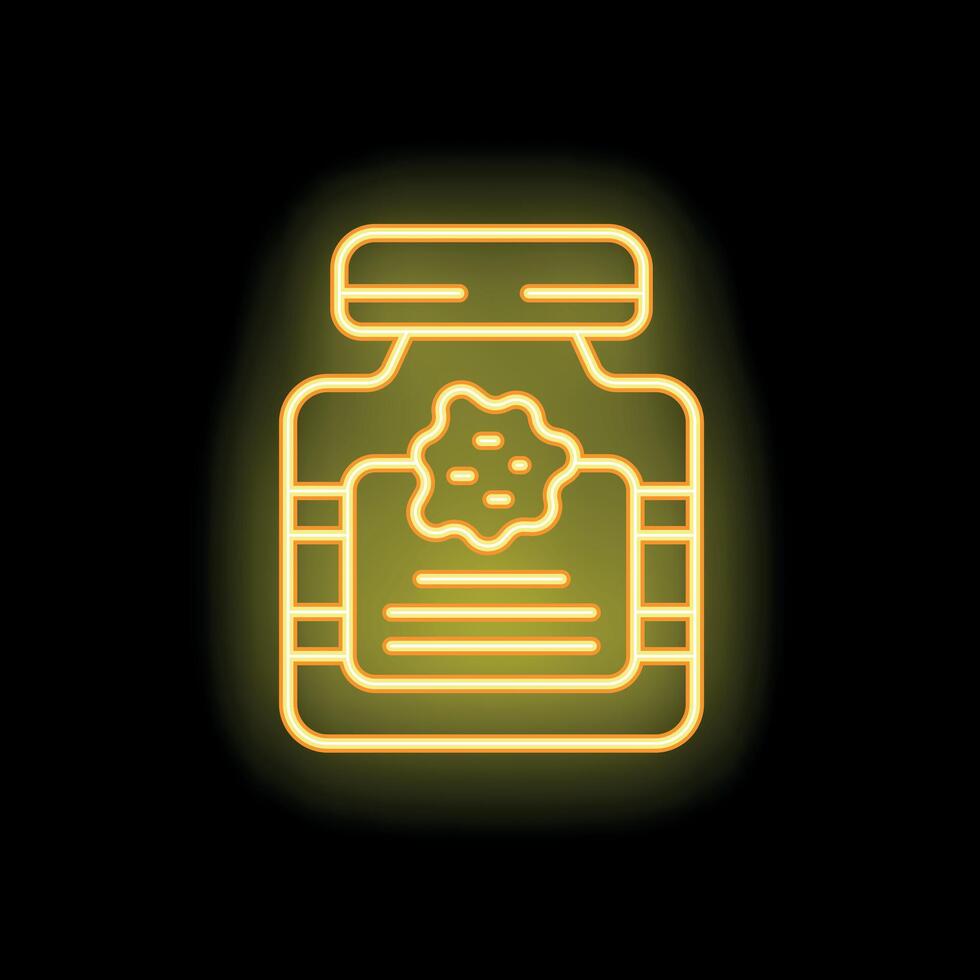 Yellow neon icon of a jar containing medical cannabis showing its thc level vector