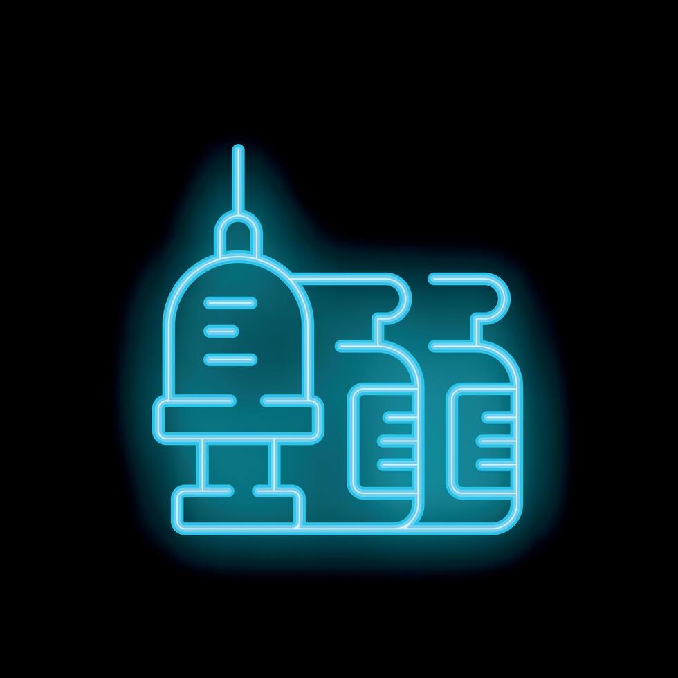 Glowing neon syringe and medical vials icon on dark background vector