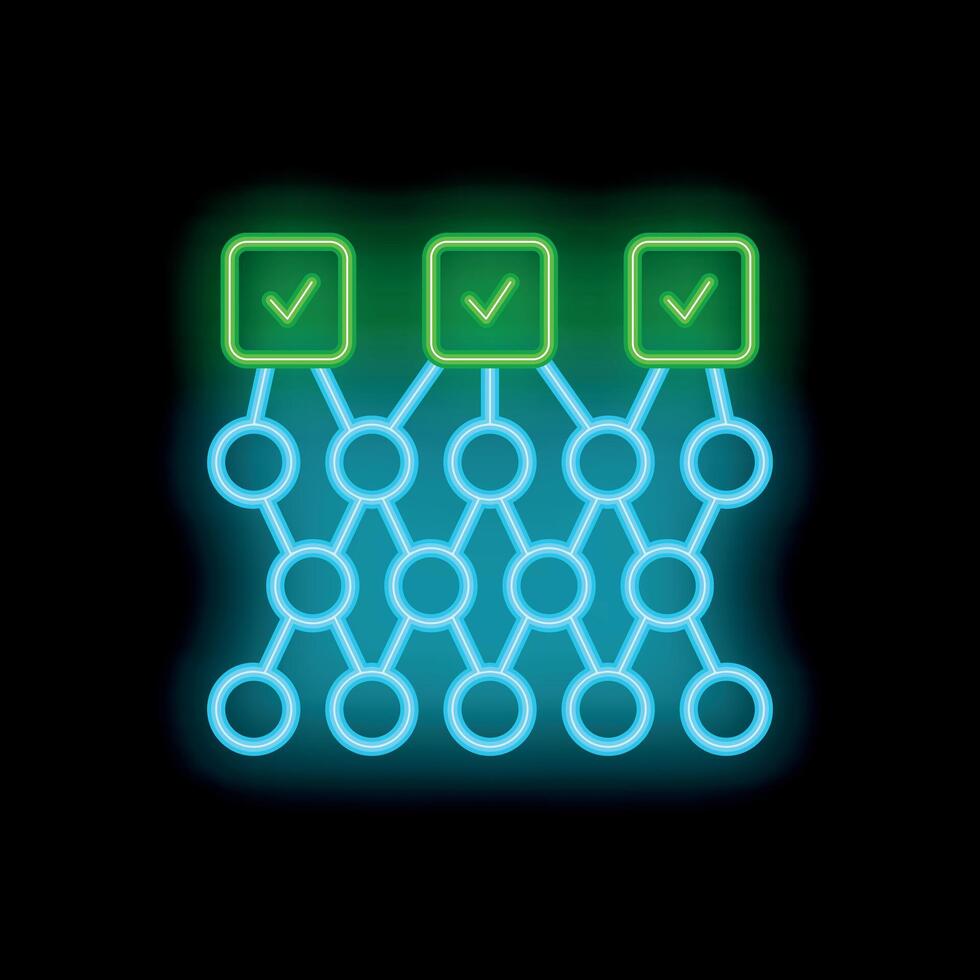 Neon style icon representing machine learning algorithm with check marks vector