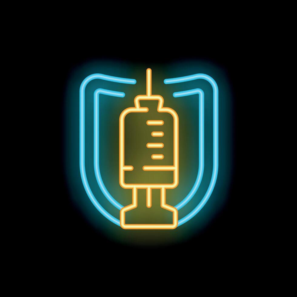 Neon syringe inside a protective shield on a black background vector